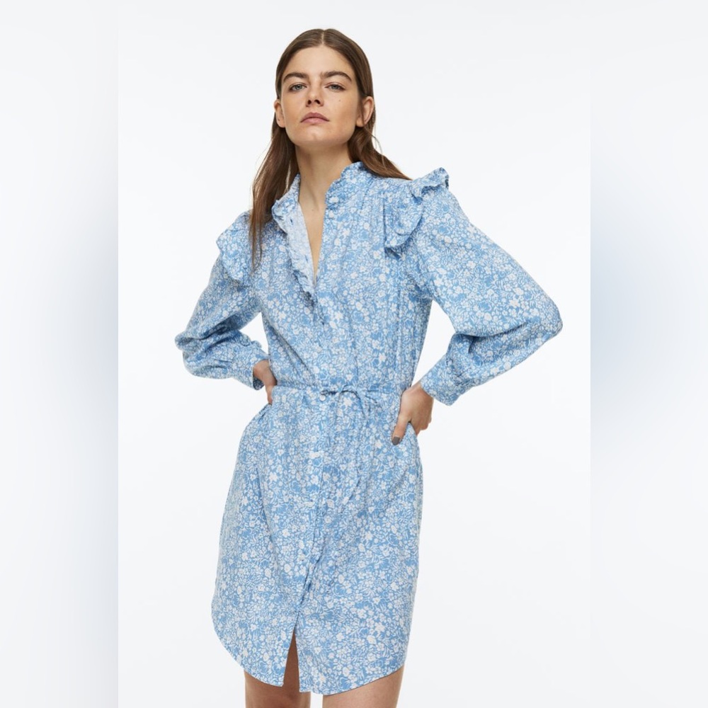H&M Blue Floral Ruffle Dress Size L NWT
